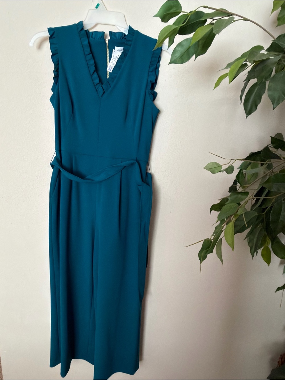 Calvin Klein Jumpsuit Sleeveless Teal V-Neck with Ruffle Trim NWT Size 10